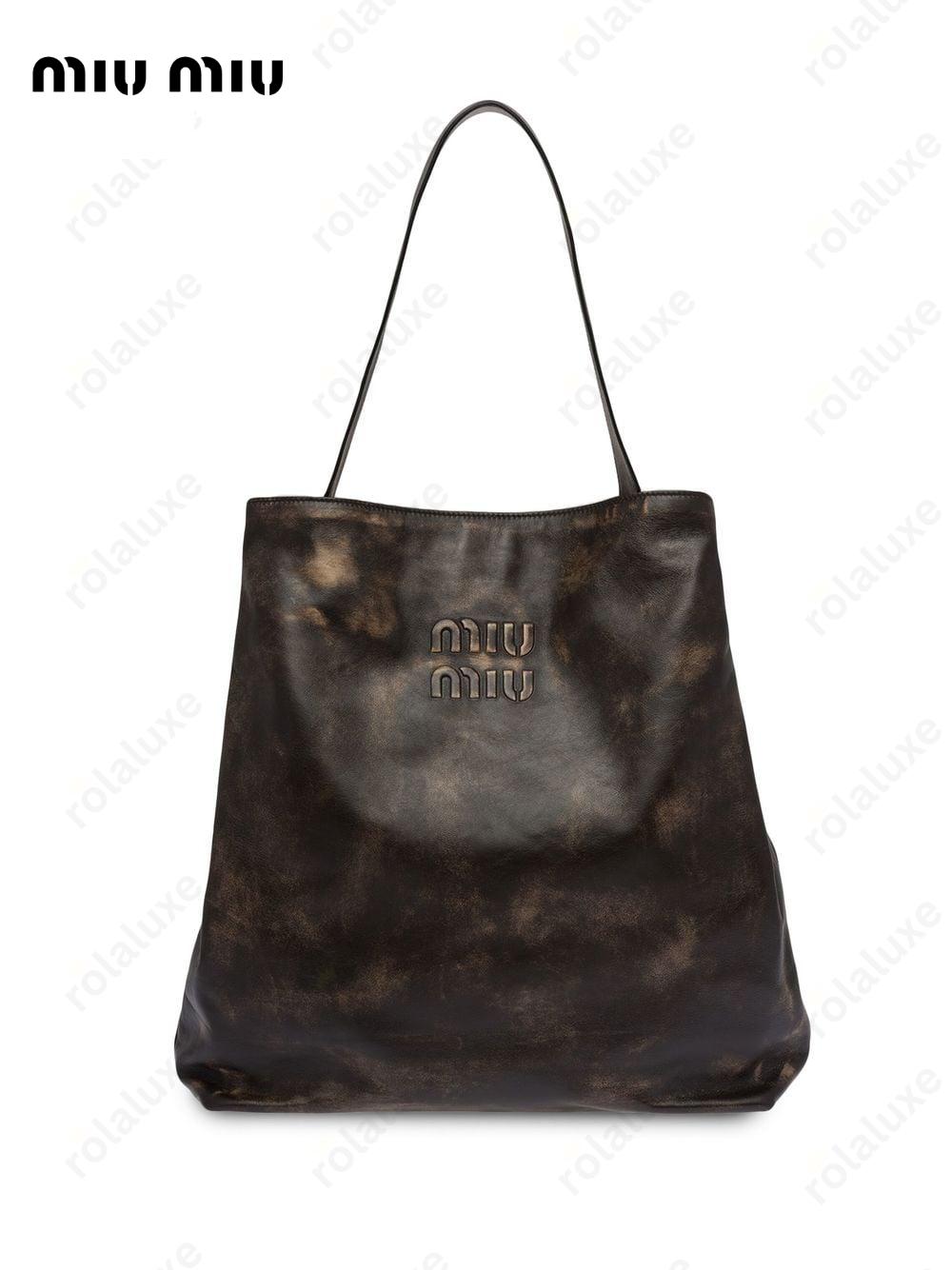 embossed-logo leather tote bag