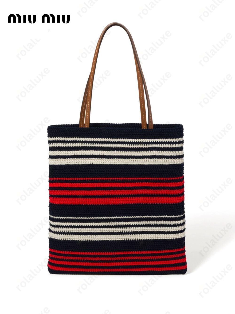 striped crochet-knit tote bag