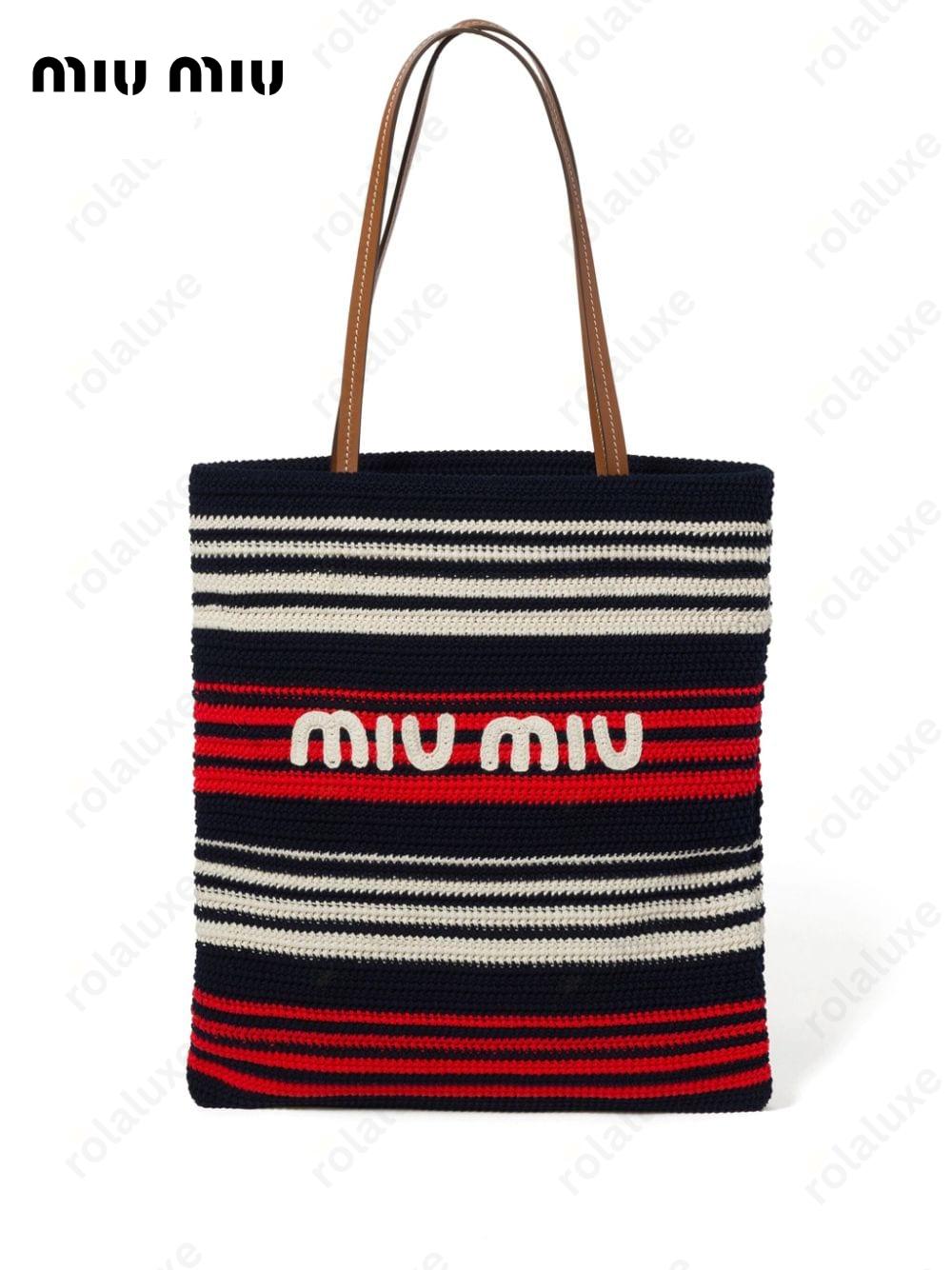 striped crochet-knit tote bag