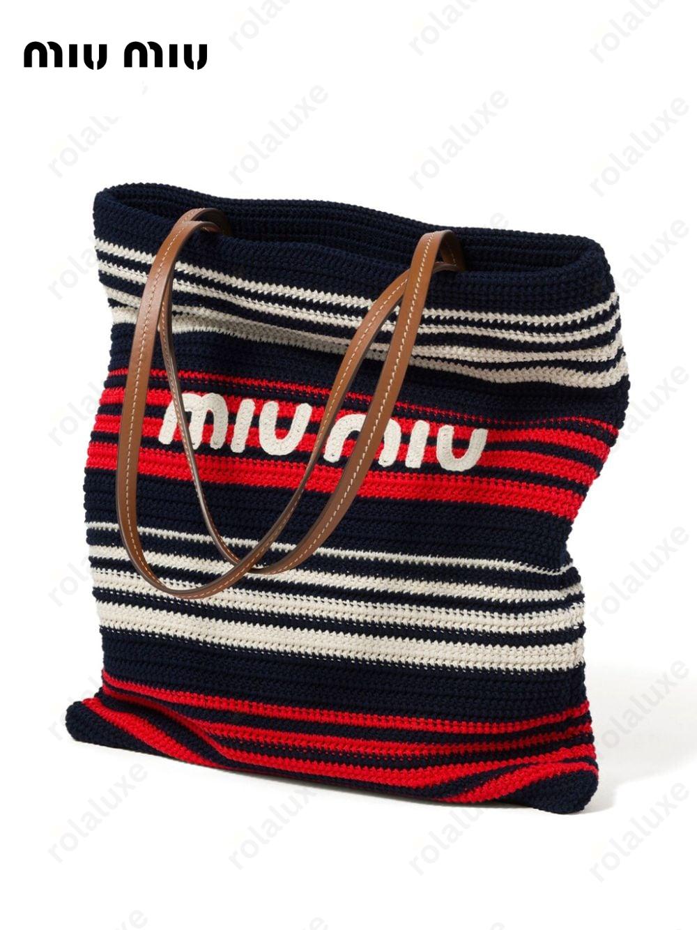 striped crochet-knit tote bag