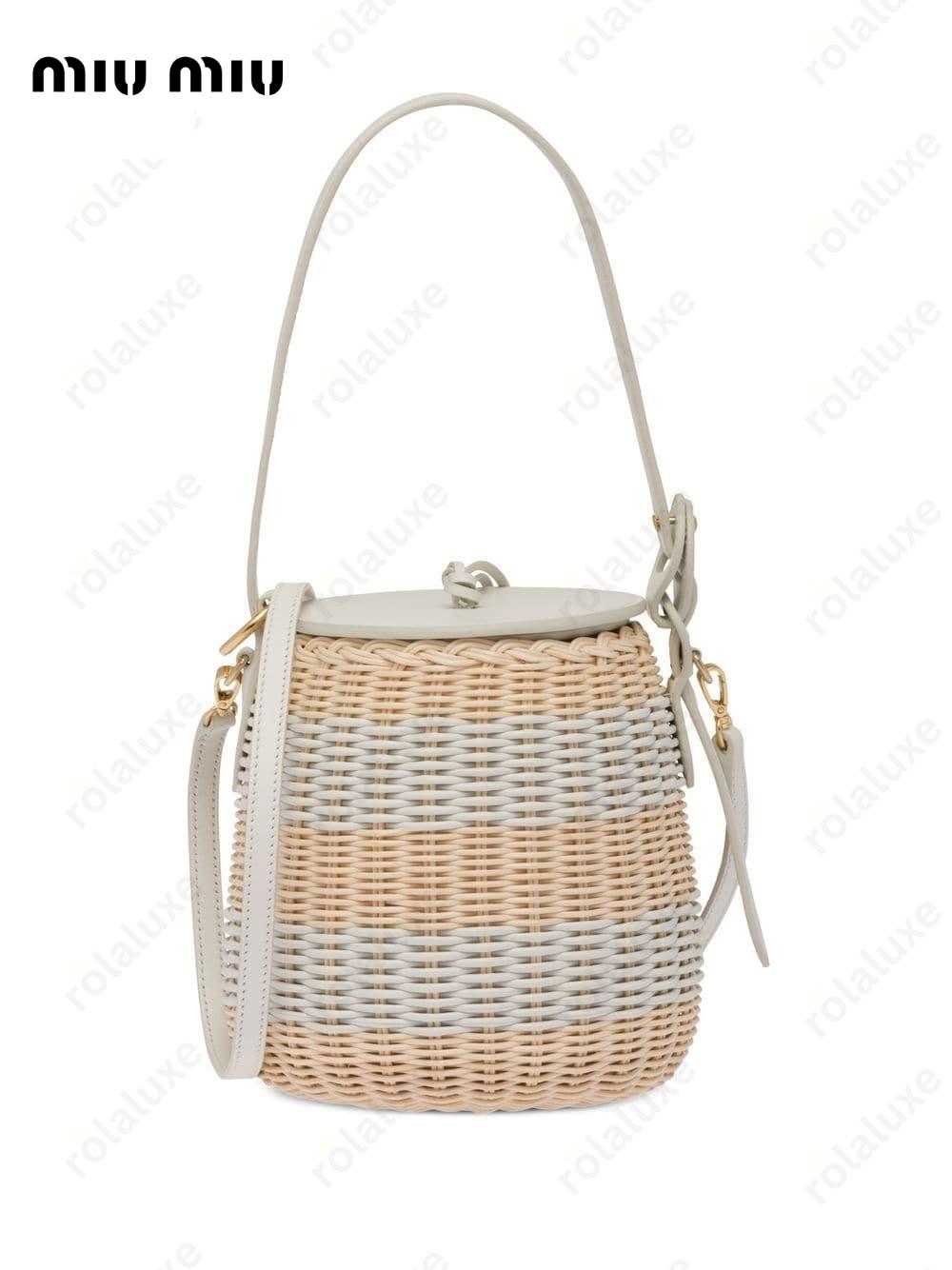 striped woven-wicker bucket bag