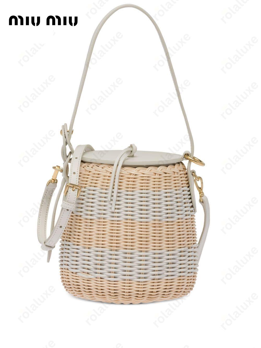 striped woven-wicker bucket bag