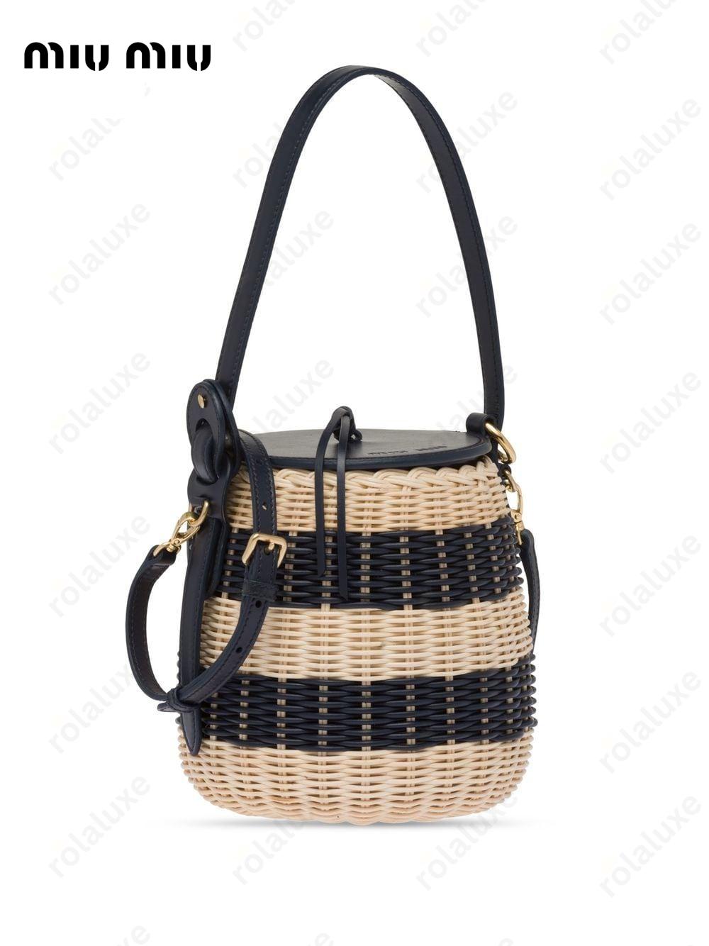 striped woven-wicker bucket bag