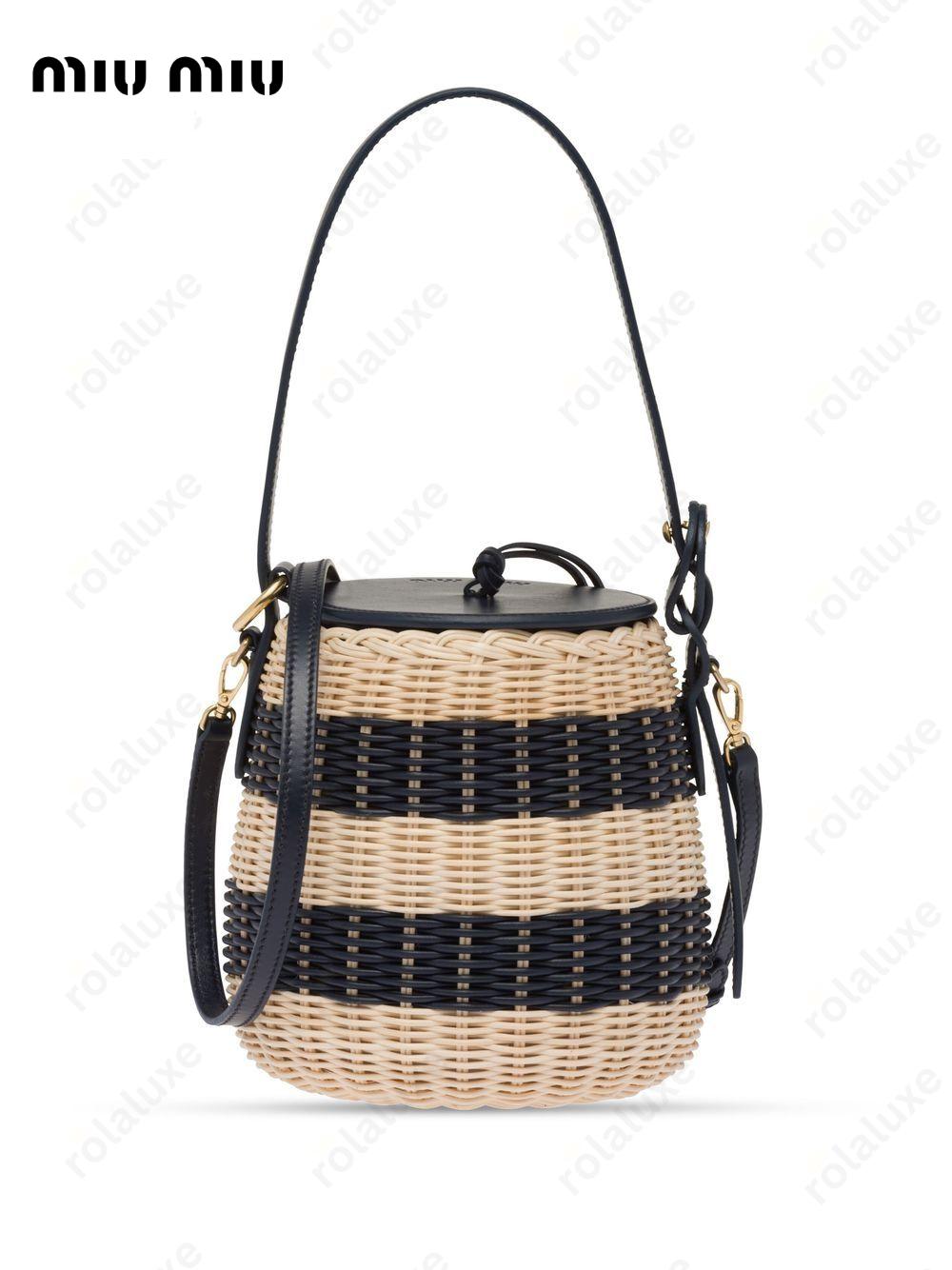 striped woven-wicker bucket bag