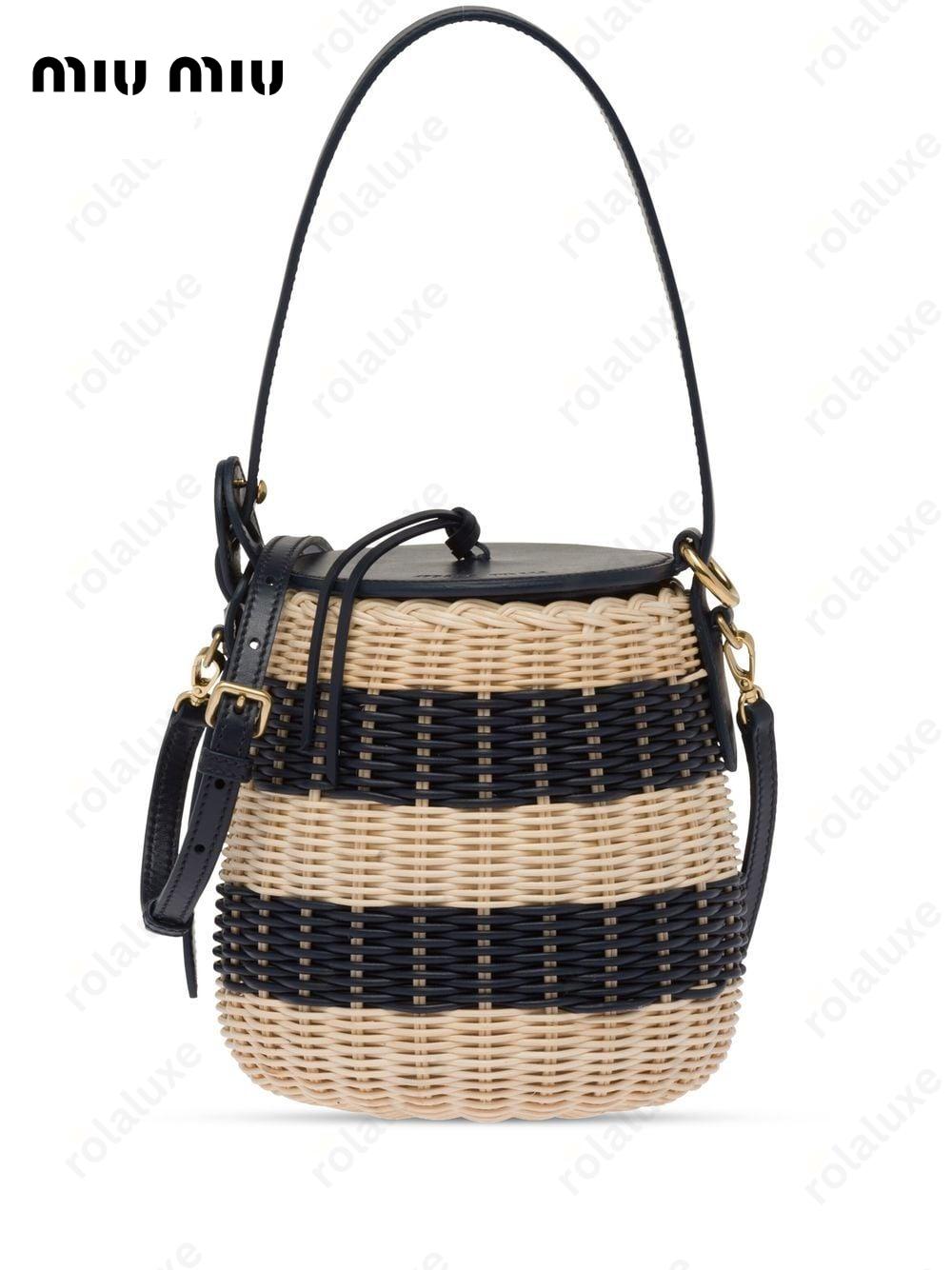 striped woven-wicker bucket bag