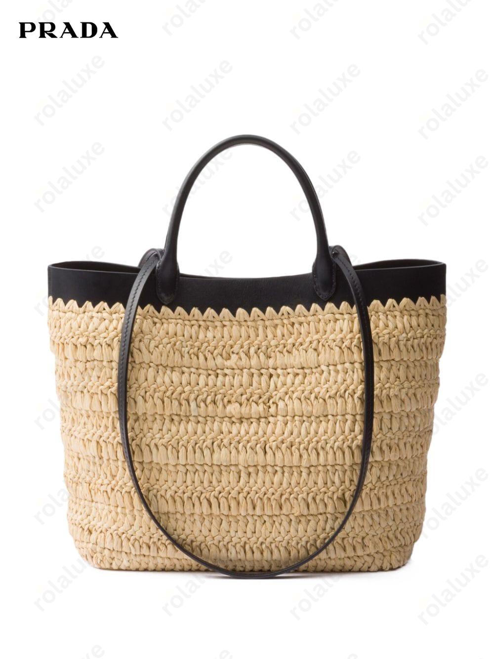 leather-trimmed woven tote bag