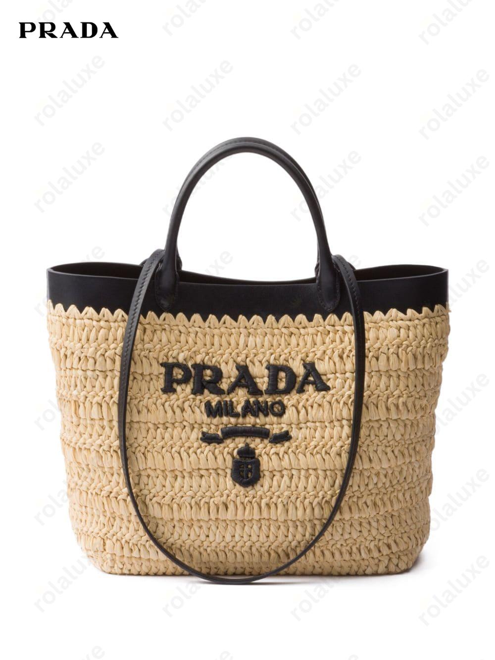 leather-trimmed woven tote bag