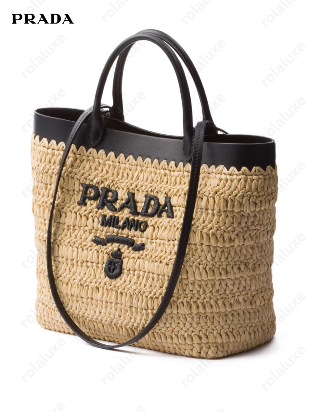 leather-trimmed woven tote bag