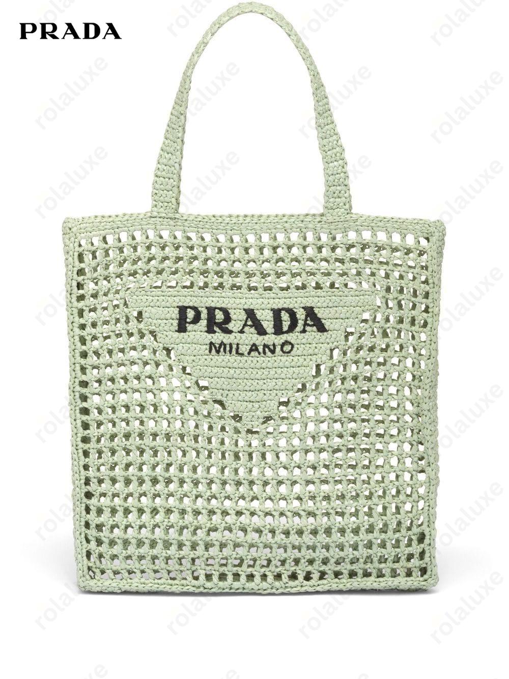 triangle-logo crochet rafia tote bag