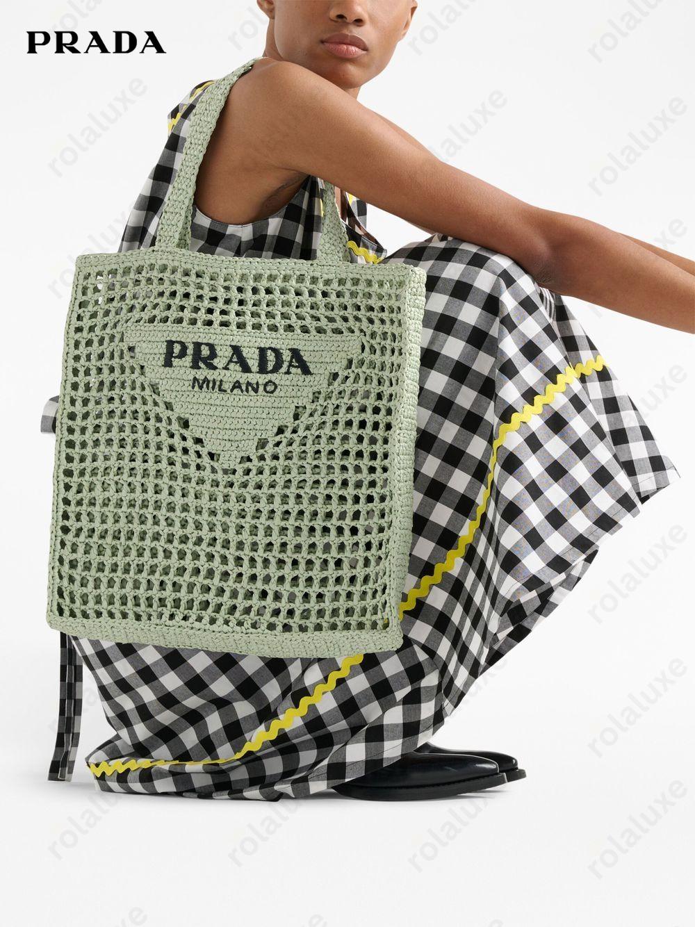 triangle-logo crochet rafia tote bag