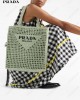 triangle-logo crochet rafia tote bag