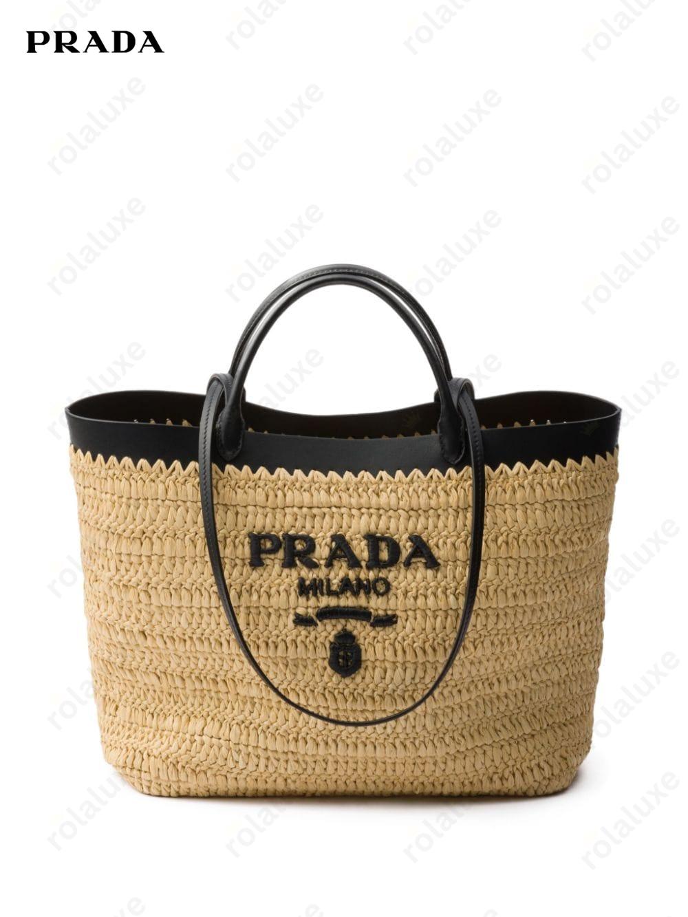 leather-trimmed woven tote bag