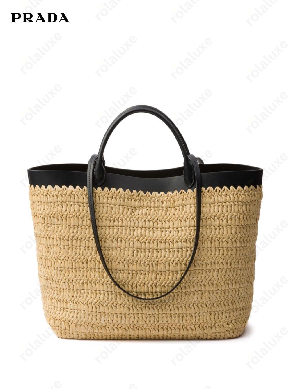 leather-trimmed woven tote bag