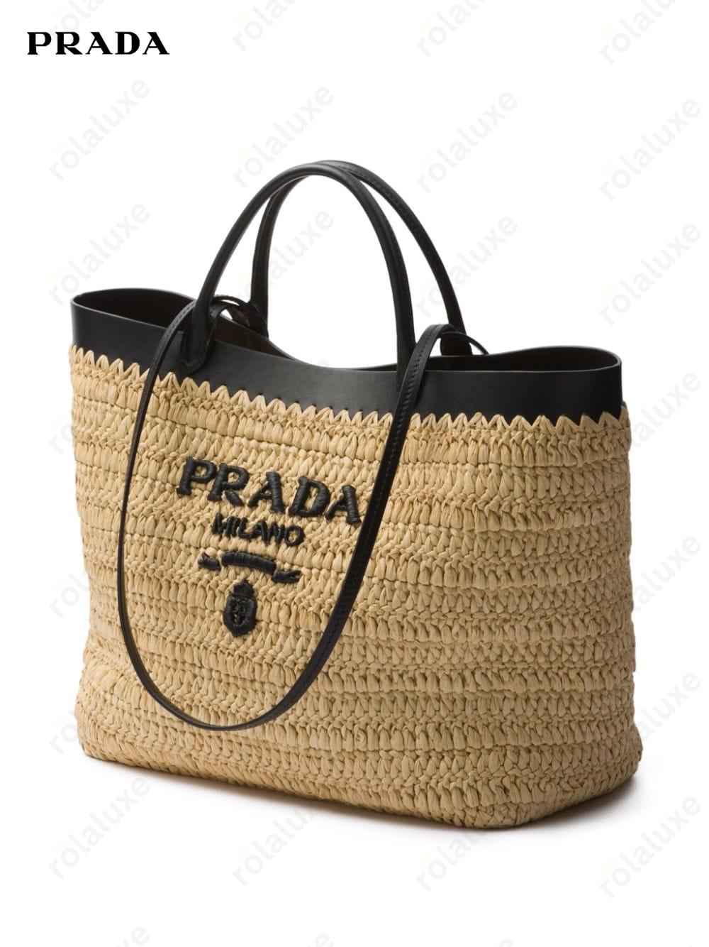 leather-trimmed woven tote bag